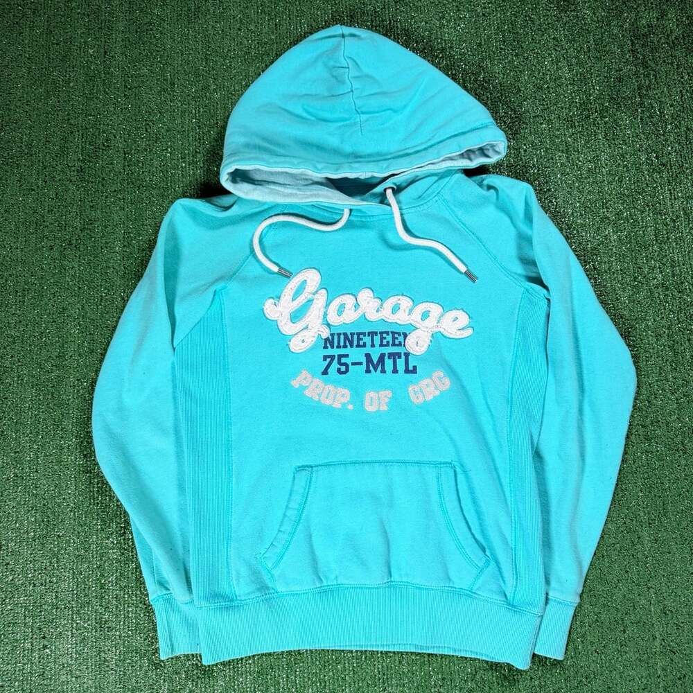 Y2K Womens Garage Created in Montreal Hoodie Size Small Teal Pullover Sweatshirt
